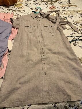 Button-Front Linen Shirt Dress in Light Taupe